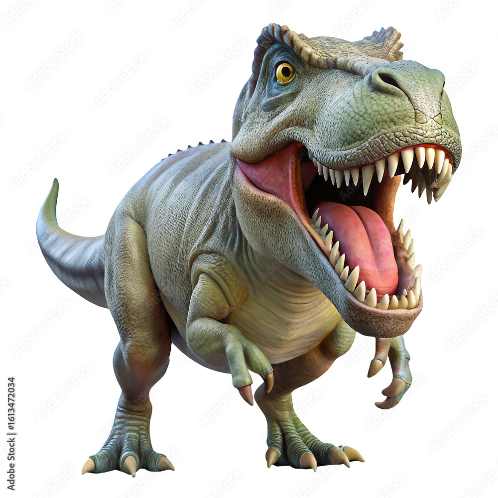 Fototapeta premium Fierce tyrannosaurus rex dinosaur with mouth open and sharp teeth roaring isolated on transparent background
