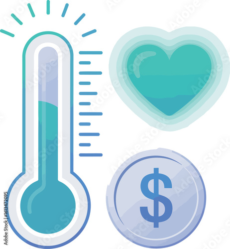 Illustration of a thermometer with rising level next to a heart and a dollar coin on a white background