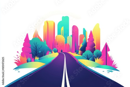 Vibrant Cityscape with Colorful Trees and a Curved Road to Skyline