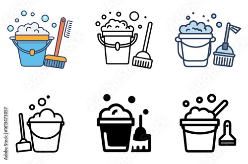 Cleaning bucket with water, bubbles, and scrubbing brush icon set for household hygiene
