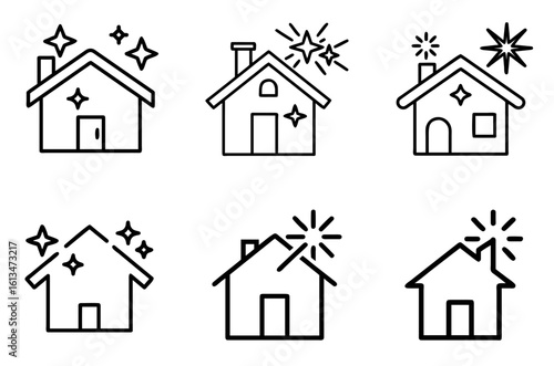 Clean house with starburst symbol icon set representing domestic tidiness and maintenance

