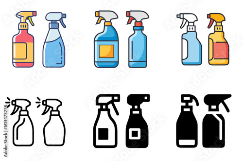 Dual cleaning spray bottles icon set for household hygiene, sanitation, and fresh solutions

