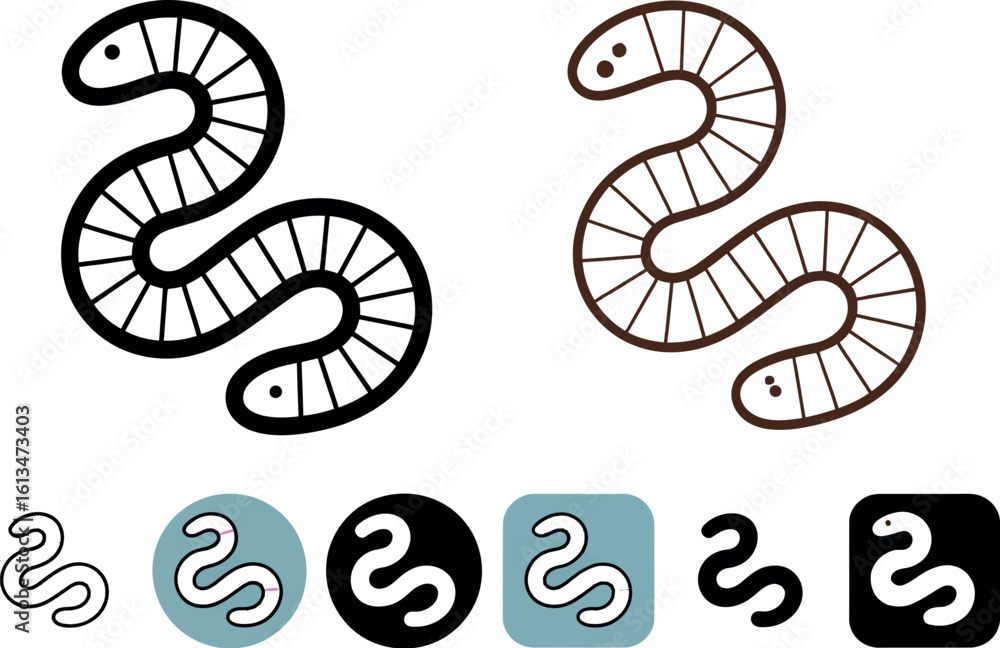 Fototapeta premium Illustration of two earthworms one in outline and one in color along with worm icon variations