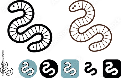 Illustration of two earthworms one in outline and one in color along with worm icon variations