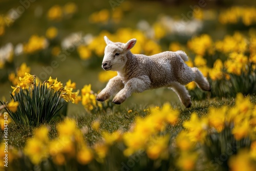 Lamb Leaping Through Daffodils Field.