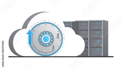 Cloud storage with an upload arrow and server racks depicting data transfer and secure backups online