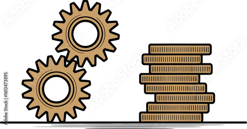 Two gears interlocked with a stack of coins on a flat surface against a light gray colored background
