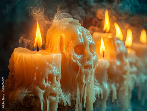 Row of candles with wax dripping from them, one of which has a skull on it. The candles are lit and the wax dripping from them creates a spooky and eerie atmosphere