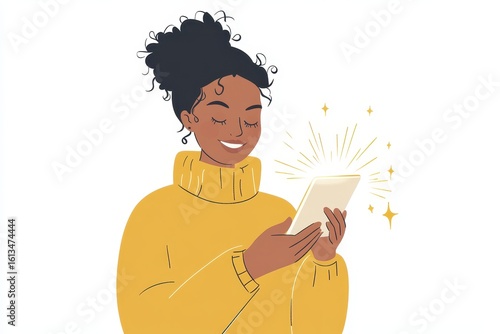 Young Woman Smiling While Using Smartphone with Sparkles around Her