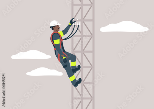 A dedicated construction worker ascends a tower crane, fully equipped with a helmet and safety harness, against a cloudy sky at a bustling worksite