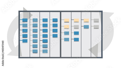 Illustration of a kanban board with blue, yellow and gray cards and a recycling symbol behind it
