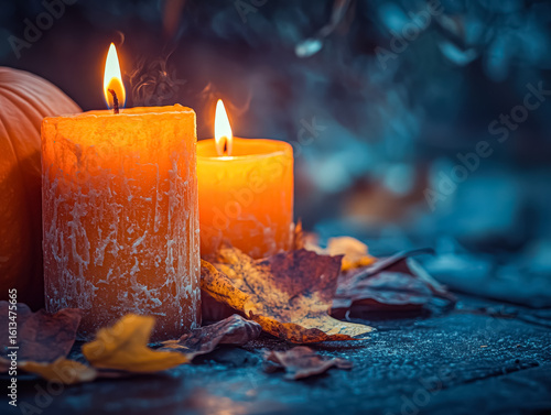 Two candles are lit on a table with leaves and a pumpkin. Scene is warm and cozy, perfect for a fall evening