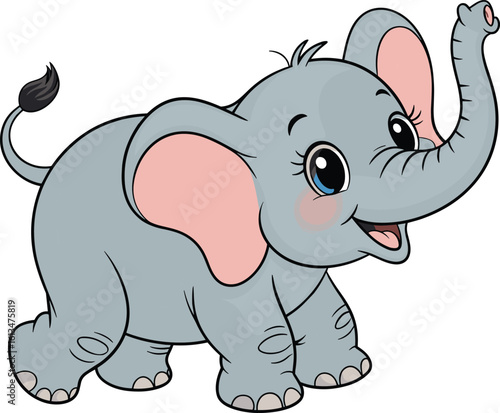 Adorable baby elephant cartoon, happy elephant illustration, cute animal character design, children vector art, smiling trunk up elephant, playful clipart