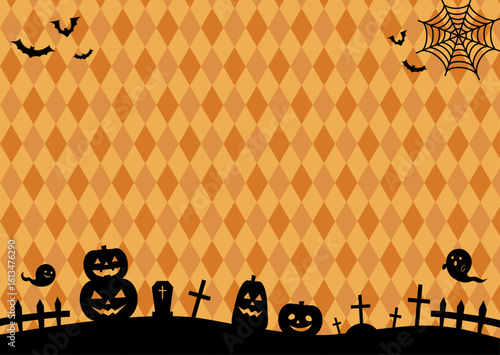 かぼちゃや墓や蝙蝠のシルエットのかわいいハロウィン背景イラスト