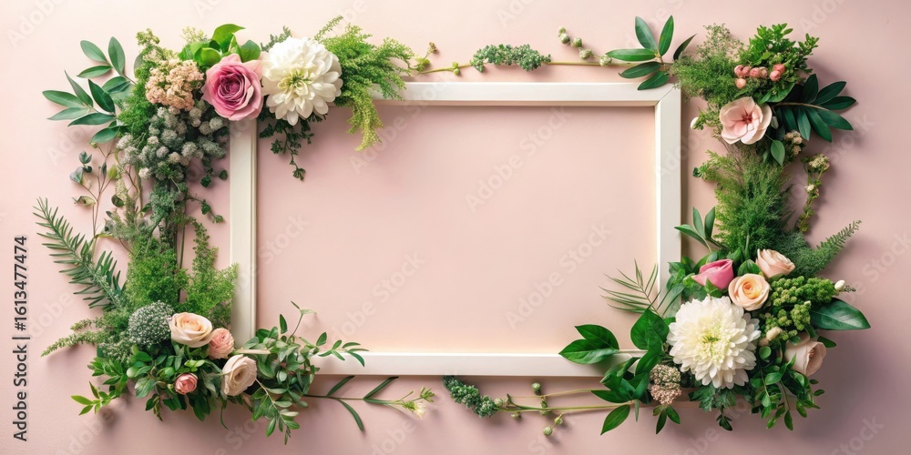 Obraz premium A delicate arrangement of blossoms and greenery forms a vibrant frame around a pristine white picture frame on a soft pink backdrop