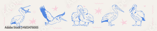 Pelican Sticker Vector Set. Charming Coastal Bird Doodle Collection in Various Poses: Flying, Standing, and Fishing. Hand-drawn Characters for Stickers, Prints, and Nature Designs
