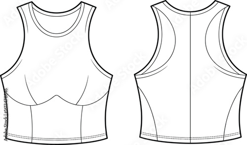 Women's Fashion Blank Technical Sketch, Sports Bra Bustier Design Template, High Neck Crop Top, Activewear Apparel Mockup, Front and Back View, Gym Workout Illustration on White Background.