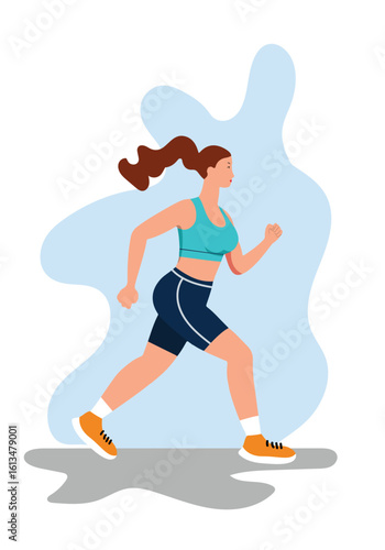 Woman running in activewear with flat design elements, isolated white background, bright color vector art