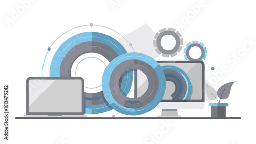 Illustration of a laptop, desktop computer, gears, and circular diagrams in blue and gray tones