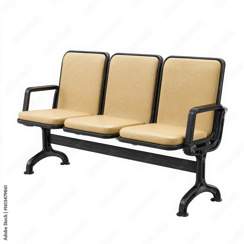 Obraz premium Modern three seater waiting room bench with textured beige seats and black metal frame
