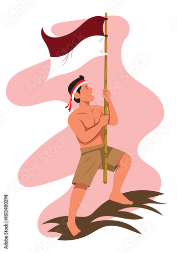 vector flat art, young man carrying the Indonesian flag