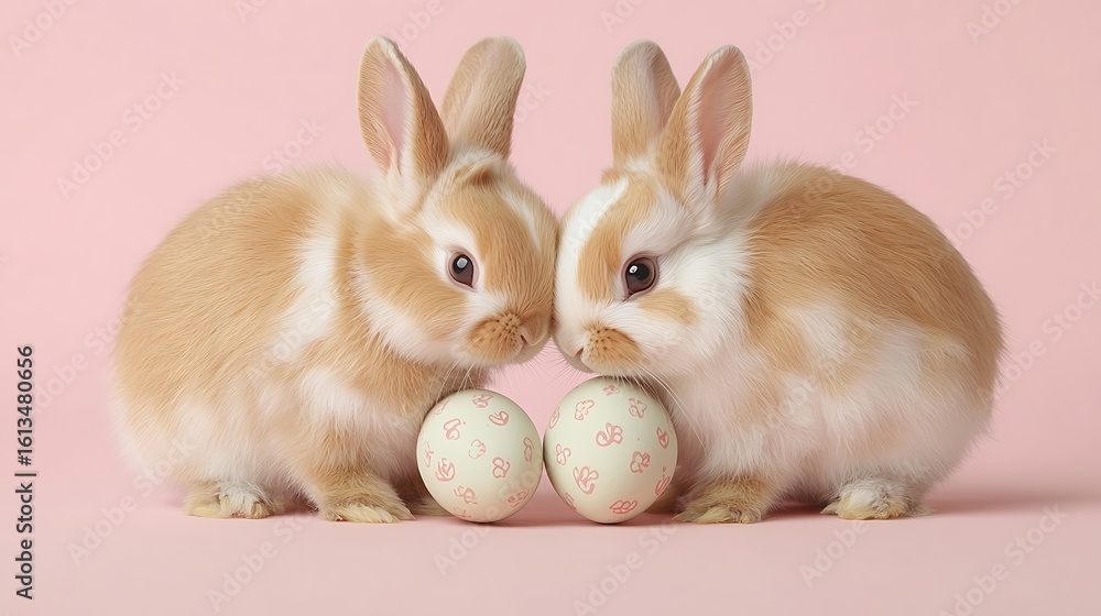 Fototapeta premium Two small, light brown rabbits with white markings, seated together, holding Easter eggs.