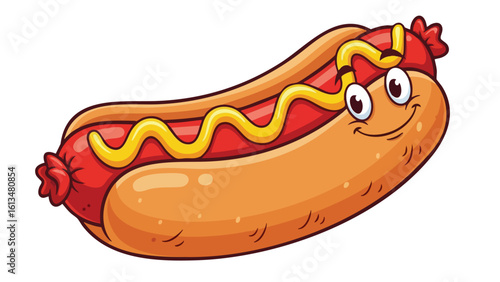Cartoon Hot Dog with Smiling Face. This illustration features hot dog, cartoon, food.