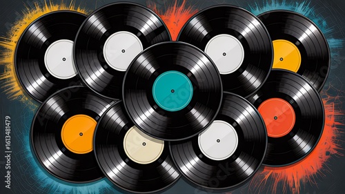 Collection of colorful vinyl records on dark background