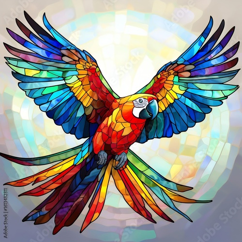 A vibrant stained glass parrot spreads its colorful wings, symbolizing freedom and beauty in nature's artistry.