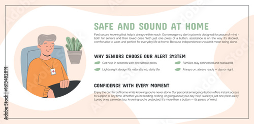 Vector banner with senior old man wearing emergency alert necklace. Flat cartoon template promoting home safety and medical response system for elderly care and peace of mind.