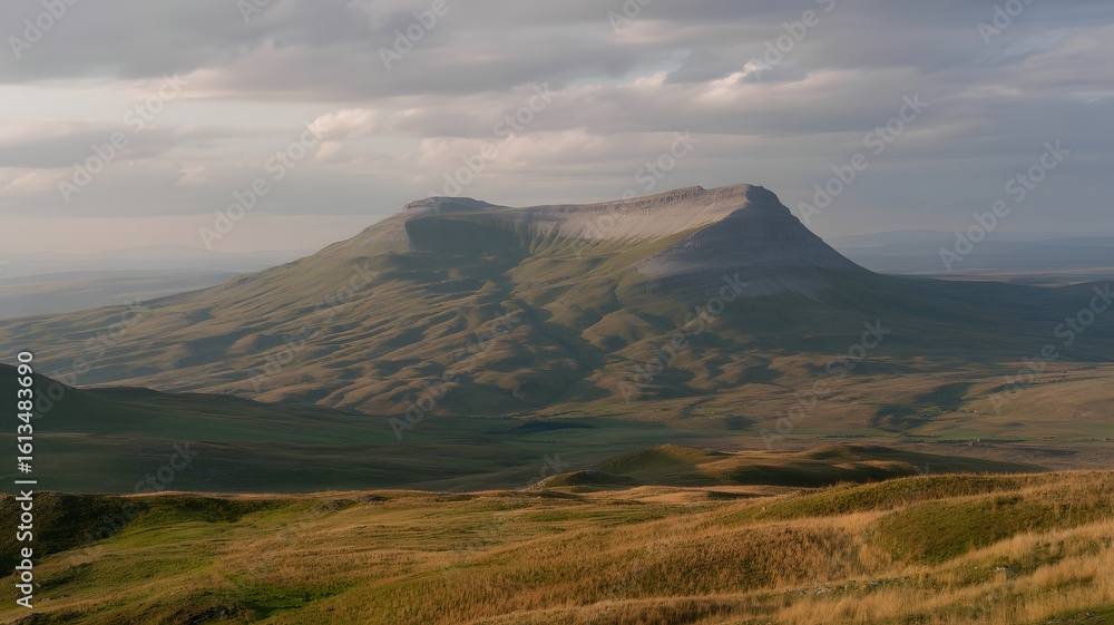 Fototapeta premium A majestic mountain rises above rolling green hills under a dramatic sky, showcasing nature's serene beauty.