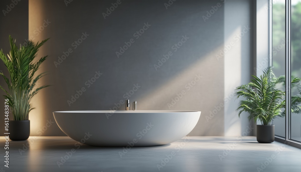 Blurred Vision Of Modern Industrial Bathroom With Sleek Concrete And Warm Accents For Relaxing And Stylish Space. Blurred Vision Of Modern Industrial Bathroom With Sleek Concrete And Warm Accents For Relaxing And Stylish Space.