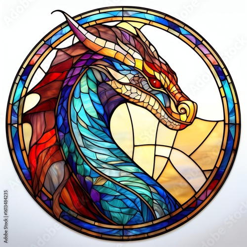 A stunning stained glass window featuring a majestic dragon design, showcasing vibrant colors and intricate details.