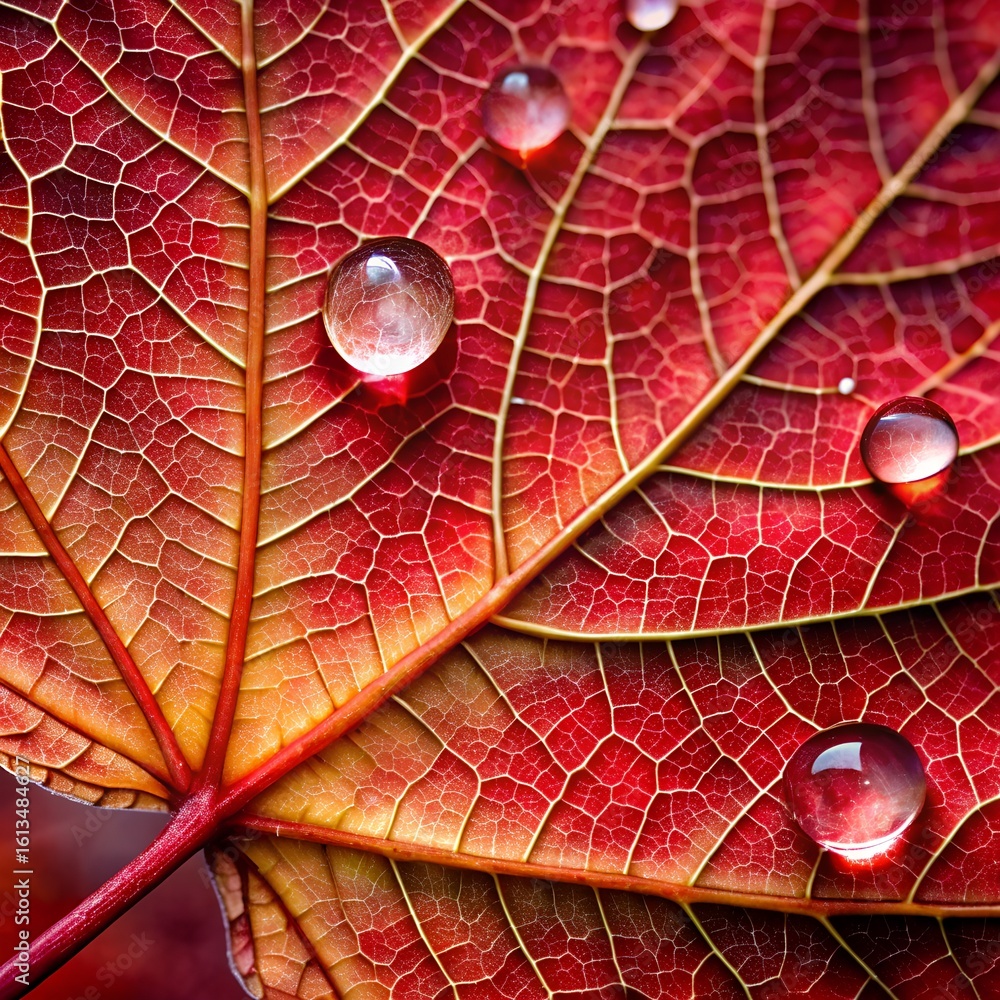 Fototapeta premium Water droplets cling to the intricate veins of a vibrant red leaf