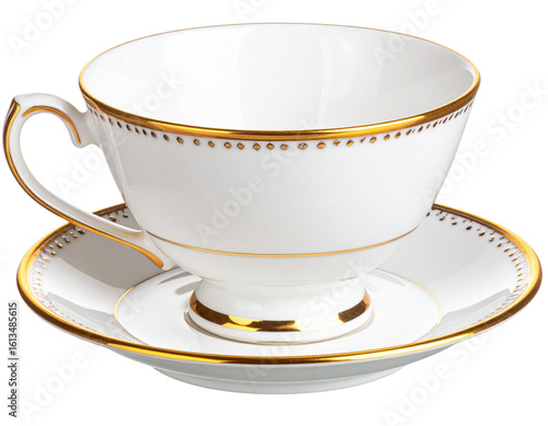 Classic White Teacup with Gold Rim, Front View, Transparent Background. And transparent the background.