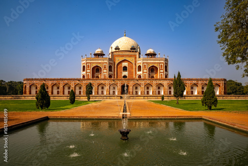 Ancient Indian architecture featuring the tomb of the Mughal Emperor Humayun in Delhi, India.
