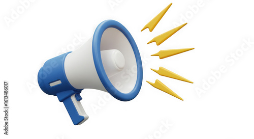 Blue and white megaphone emitting yellow sound waves isolated on transparent background