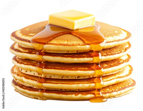 Stack of Pancakes with Butter and Maple Syrup Drizzle, Transparent Background. And transparent the background.