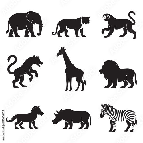 Vector art of a collection of wild animal silhouettes including elephants, lions, giraffes, and zebras