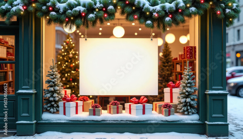 Wallpaper Mural Christmas banner mockup. Holiday window display with blank banner and trees Torontodigital.ca