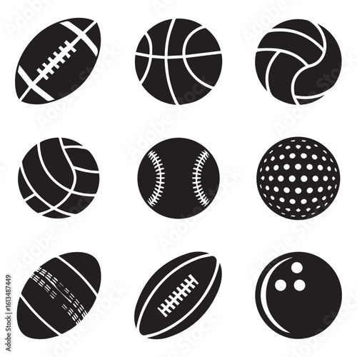 Vector art of a diverse assortment of black and white icons showcasing various sports balls and equipment