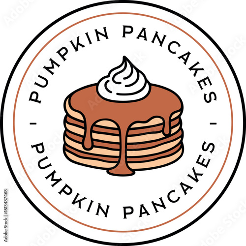 Pumpkin pancakes stack flavor logo label round badge circular sticker tag packaging fall season aesthetic. Cute retro vintage homemade spice flavored breakfast brunch text illustration design clipart.