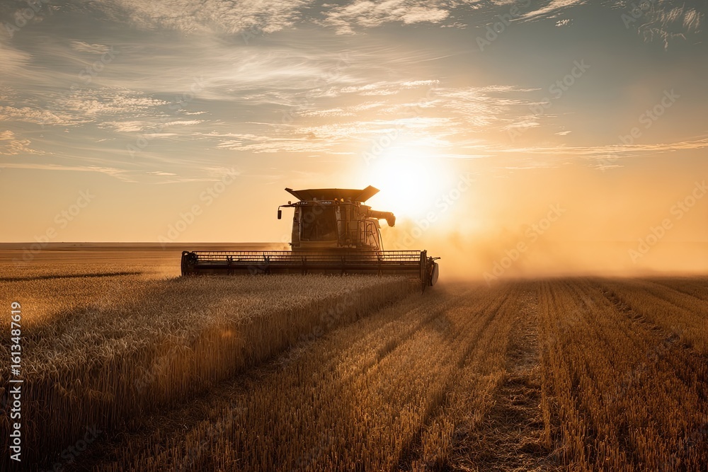 Fototapeta premium Combine harvester unloading grain at sunset in a golden wheat field