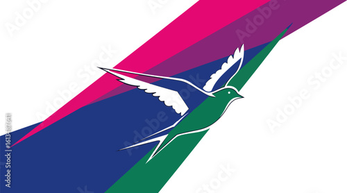 A green bird with white wings flies diagonally across a background of colorful abstract stripes