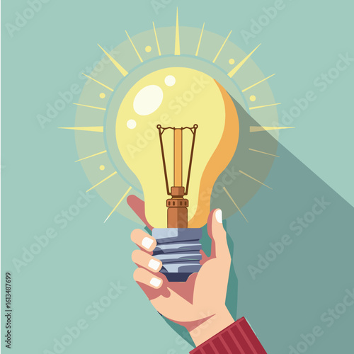 Hand holding glowing light bulb with rays in flat design style  