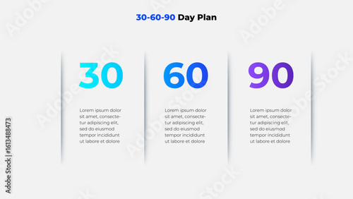 Organized 30-60-90 day plan template designed for business planning and goal setting. Features clear text boxes and appealing design suitable for management, career growth, or project proposals