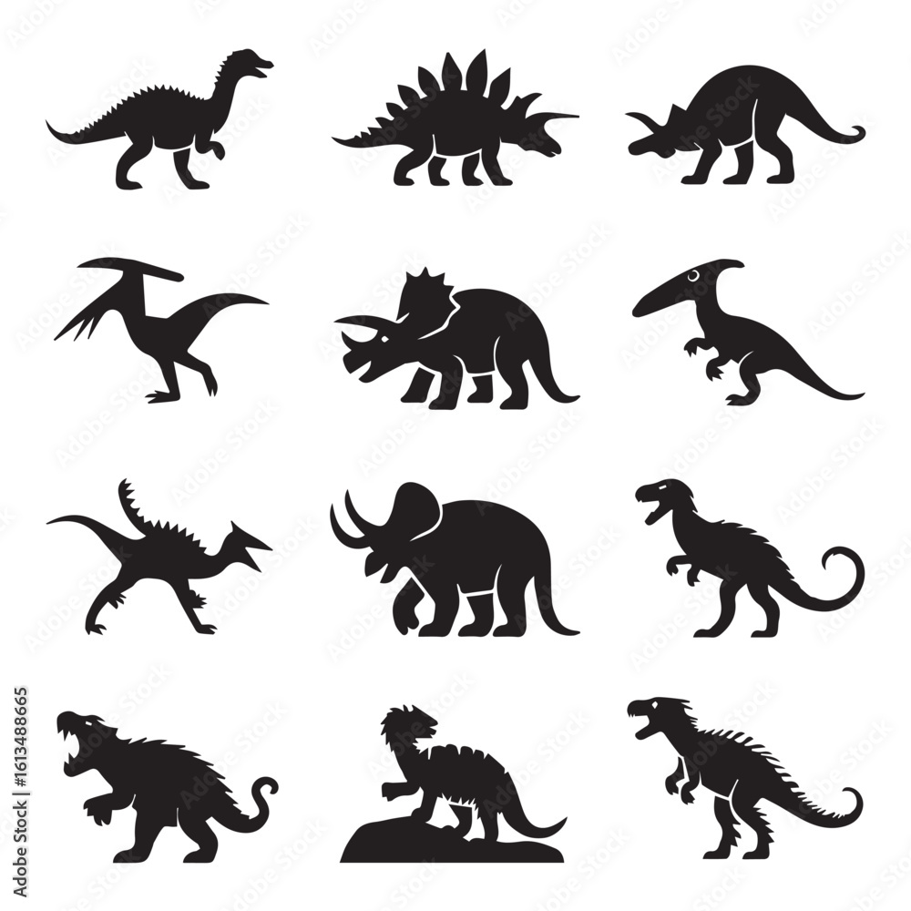 Fototapeta premium Vector art of a dynamic collection of dinosaur silhouettes, showcasing a variety of prehistoric creatures from different eras