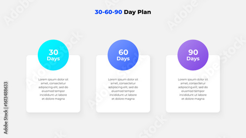 A clean and modern infographic design showcasing a 30-60-90 day plan with colorful circular labels for each phase