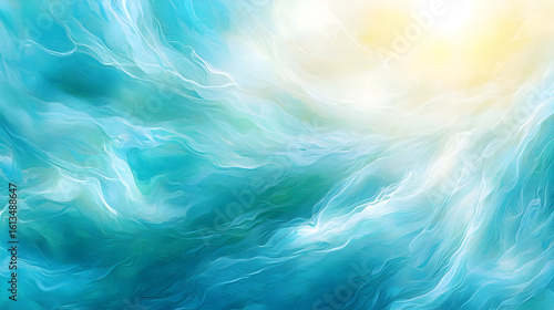 Abstract swirling turquoise and teal waves, flowing into a light yellow-white center