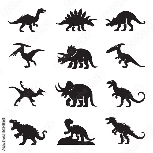 Vector art of a dynamic collection of dinosaur silhouettes, showcasing a variety of prehistoric creatures from different eras